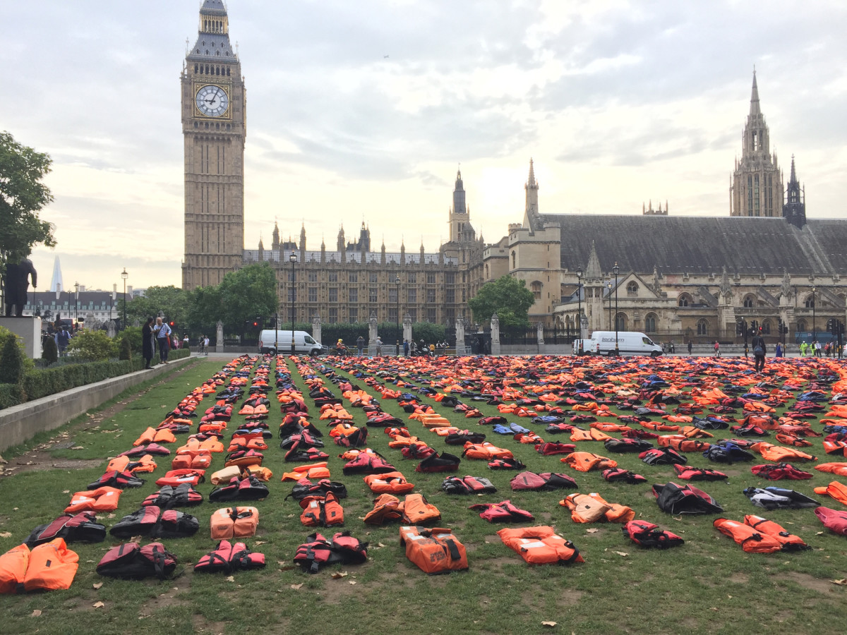 Refugees' life jackets in Parliament Square, London.