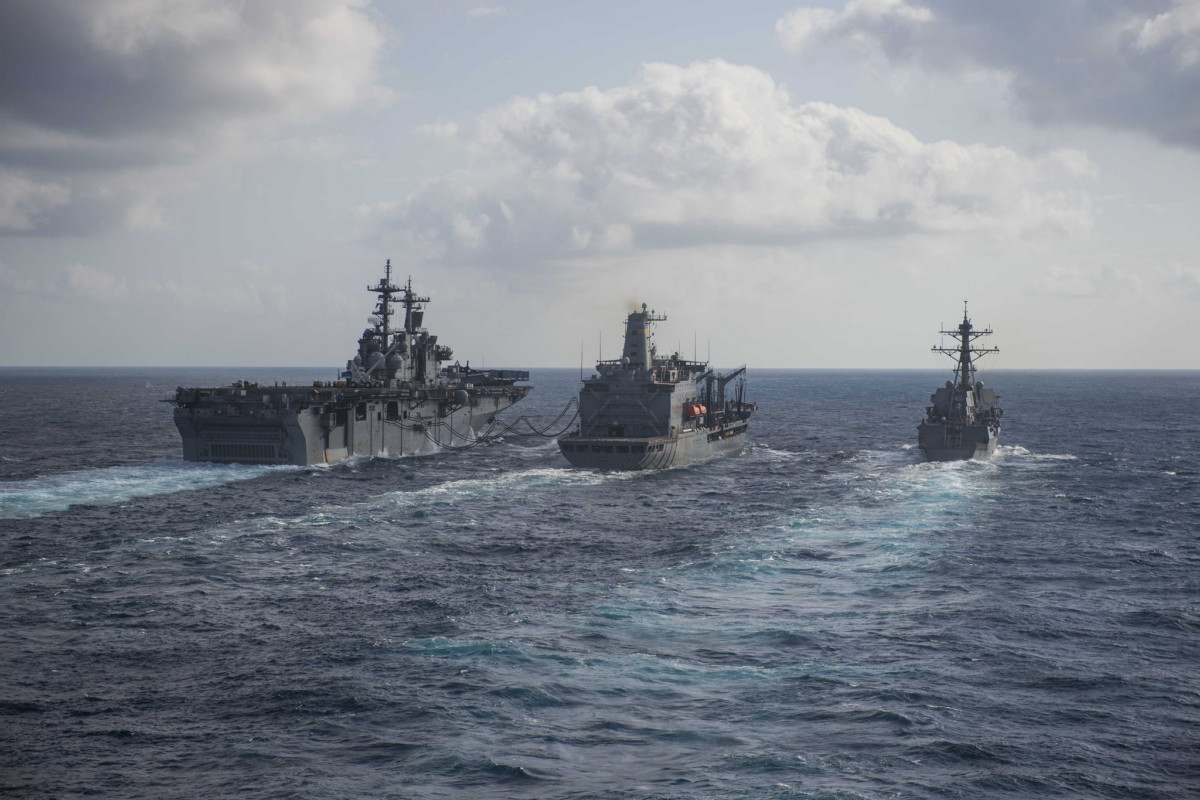 US ships conduct replenishment-at-sea while operating in the Indo-Pacific region, March 29. 2018.