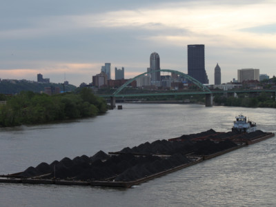 Coal barges heading down the Monongahela River near Pittsburgh, PA, on May 6, 2012.