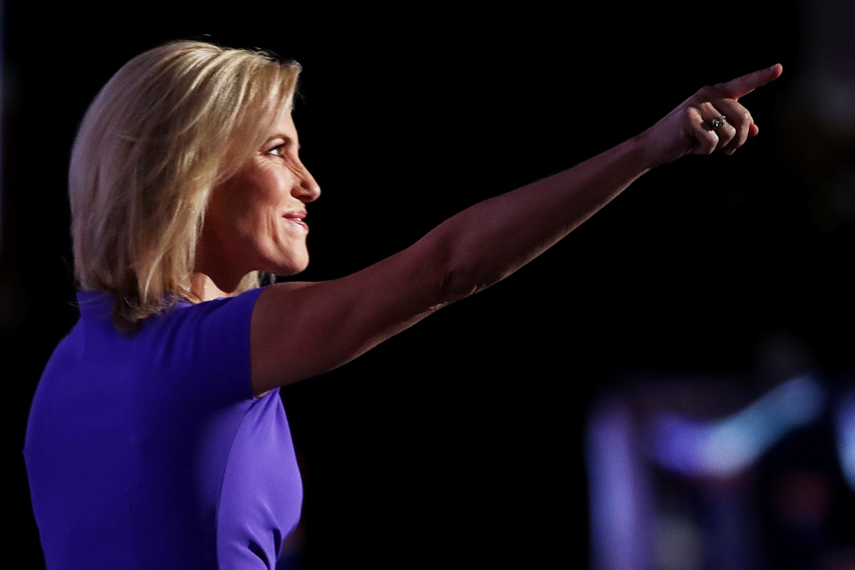 Conservative talk radio host Laura Ingraham gestures to the crowd as she delivers a speech on the third day of the Republican National Convention on July 20, 2016 at the Quicken Loans Arena in Cleveland, Ohio.