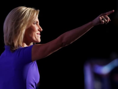 Conservative talk radio host Laura Ingraham gestures to the crowd as she delivers a speech on the third day of the Republican National Convention on July 20, 2016 at the Quicken Loans Arena in Cleveland, Ohio.