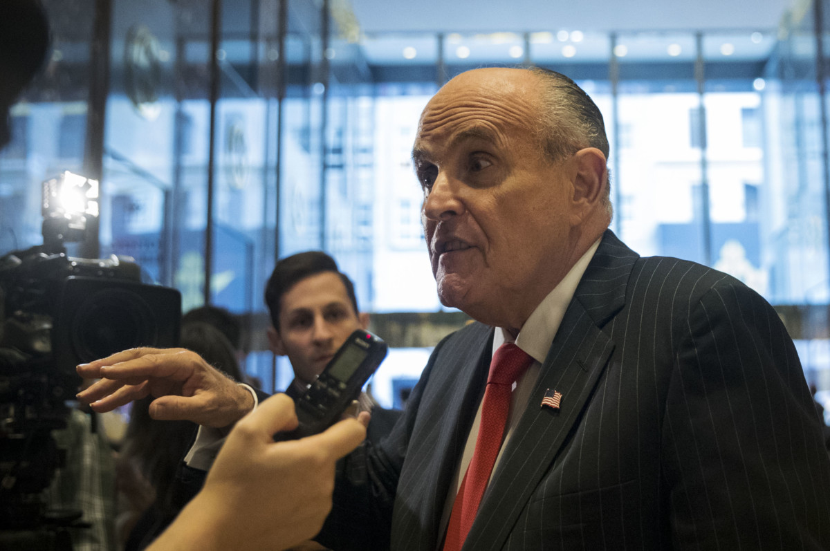 Former New York City Mayor Rudy Giuliani speaks to reporters at Trump Tower, January 12, 2017, in New York City.