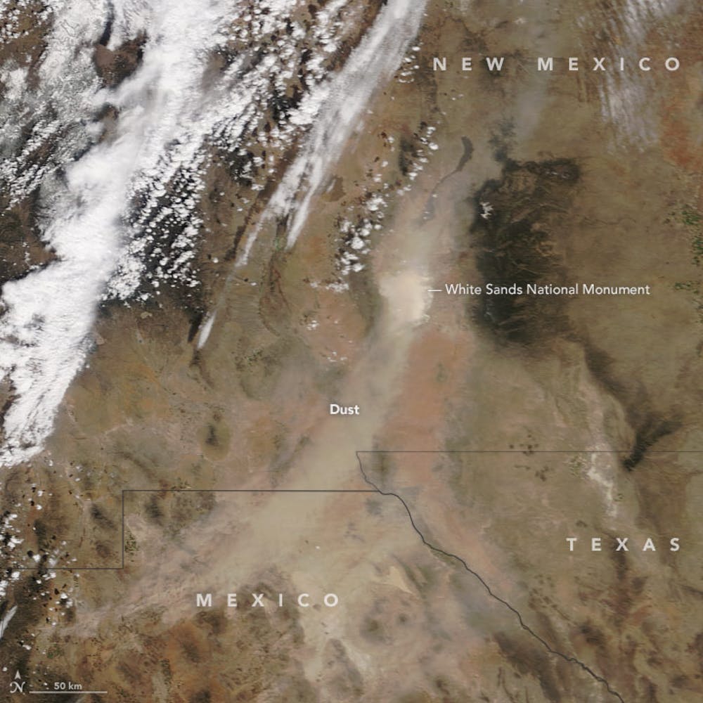 On March 31, 2017, thick plumes of dust stretched hundreds of kilometers from northern Mexico into Texas and New Mexico. The source appeared to mainly be farmland near the Mexican town of Janos.