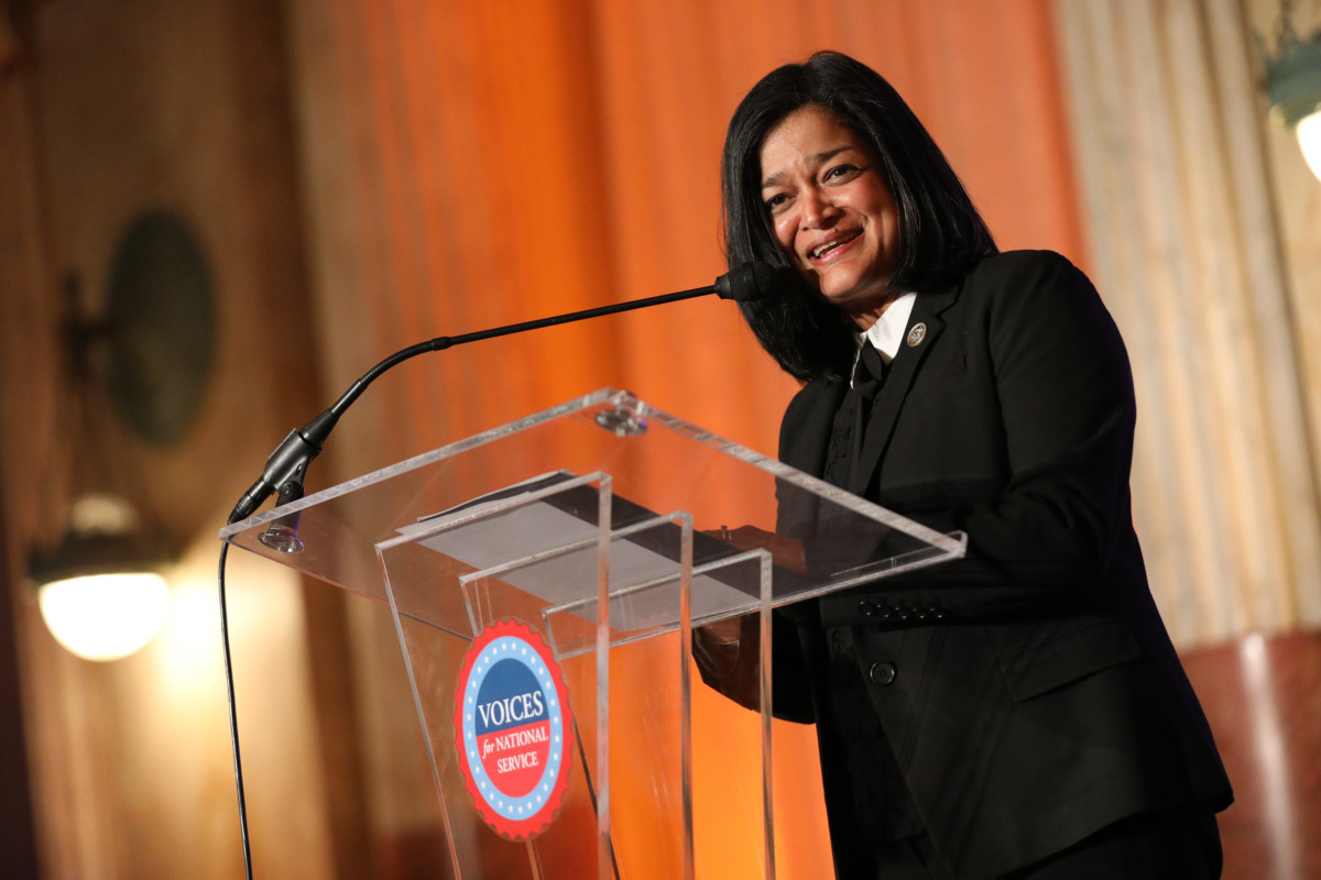 Rep. Pramila Jayapal speaks at the Voices for National Service Friends's National Service Awards on February 13, 2018. Jayapal founded the new congressional Medicare for All Caucus.