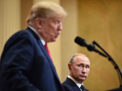 Donald Trump and Russian President Vladimir Putin attend a joint press conference after a meeting at the presidential palace in Helsinki, on July 16, 2018.