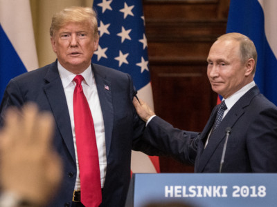 President Trump and Russian President Vladimir Putin during a joint press conference after their summit on July 16, 2018, in Helsinki, Finland.