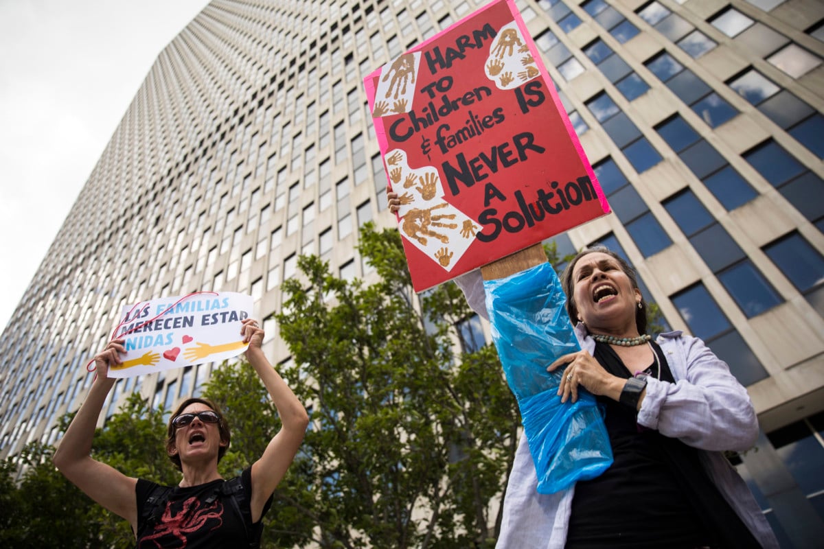 Activists, including childcare providers, parents and their children, protest against the Trump administration's recent family detention and separation policies for migrants along the southern border, near the New York offices of US Immigration and Customs Enforcement (ICE), July 18, 2018, in New York City.