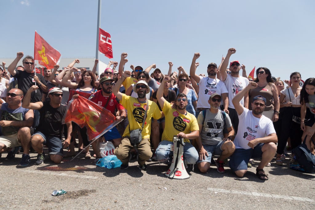 Amazon workers in San Fernando de Henares, Spain, celebrating their three-day strike on July 18, 2018.