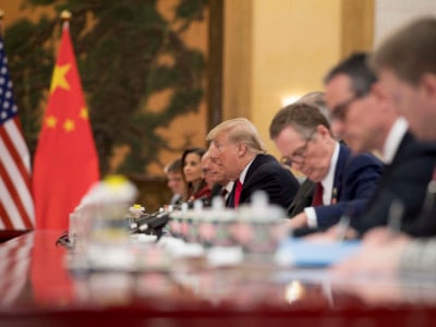 President Donald Trump attends a bilateral meeting with China's President Xi Jinping at the Great Hall of the People in Beijing on November 9, 2017.