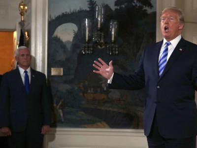 President Trump announces his decision to withdraw the United States from the 2015 Iran nuclear deal in the Diplomatic Room at the White House May 8, 2018, in Washington, DC.