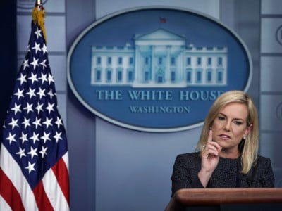 Secretary of Homeland Security Kirstjen Nielsen speaks on migrant children being separated from parents at the southern border during a White House daily news briefing at the James Brady Press Briefing Room of the White House June 18, 2018, in Washington, DC.
