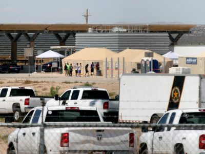 View of a temporary detention center for undocumented underage immigrants in Tornillo, Texas, near the Mexico-US border, as seen from Valle de Juarez, in Chihuahua state, Mexico, on June 18, 2018.