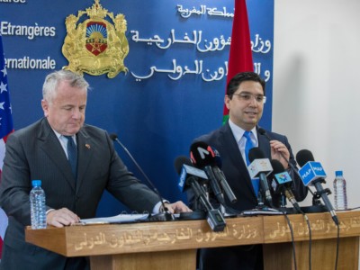 US Deputy Secretary of State John Sullivan and Moroccan Foreign Minister Nasser Burita hold a joint press conference in Rabat, Morocco, on June 29, 2018.