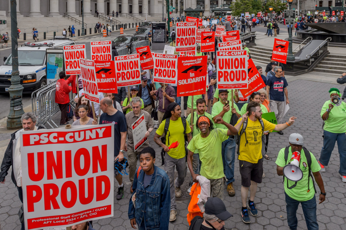 Union activists held an emergency protest in Foley Square in Manhattan, home of federal and state courthouses, on June 27, 2018. The workers rally to show that their unions will not be cowed by attempts to destroy their collective power.