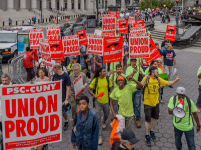 Union activists held an emergency protest in Foley Square in Manhattan, home of federal and state courthouses, on June 27, 2018. The workers rally to show that their unions will not be cowed by attempts to destroy their collective power.