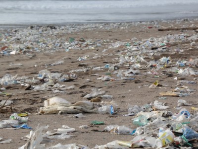 A beach filled with plastic litter.