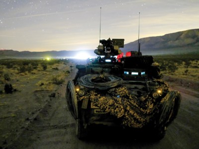 A US military Stryker crew pulls security during a "decisive action" rotation at the National Training Center in Fort Irwin, California, on January 13, 2018.