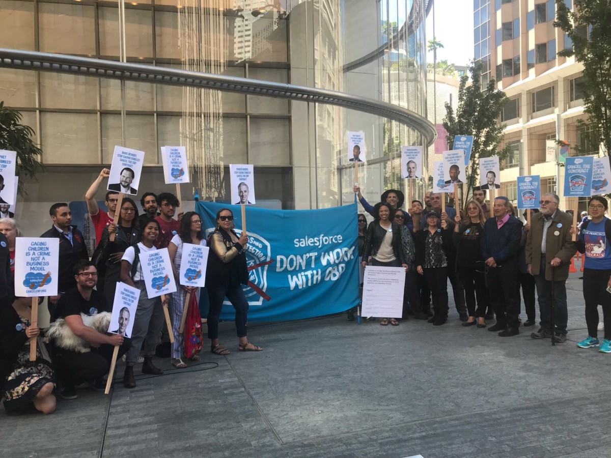 Tech workers rally against Saleforce's contract with US Customs and Border Protection on July 9, 2018, outside the company's San Francisco headquarters.