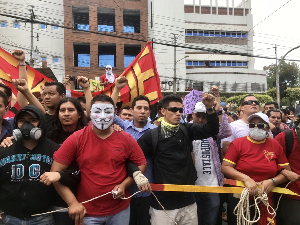 Activists demonstrate against water privatization outside the Legislative Assembly after marching from the University of El Salvador, San Salvador, July 5, 2018.