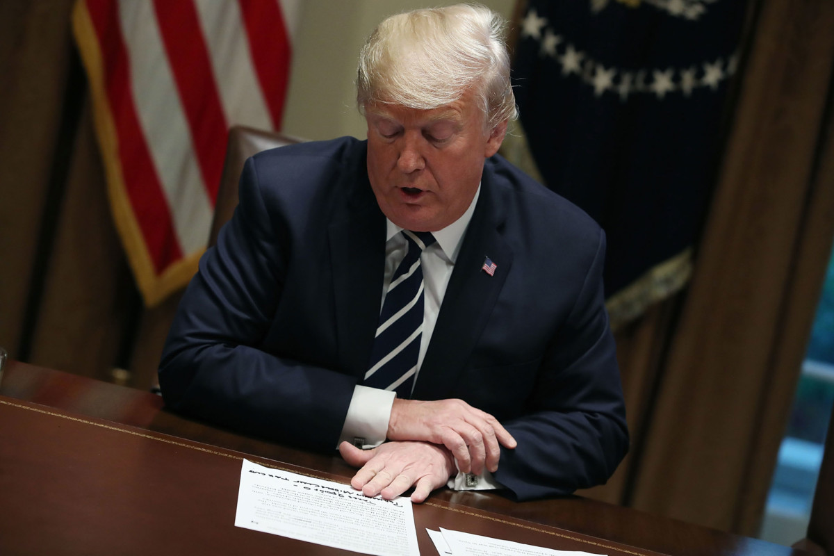 President Trump talks about his meeting with Russian President Vladimir Putin, during a meeting with House Republicans in the Cabinet Room of the White House on July 17, 2018, in Washington, DC.