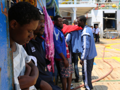 African migrants are seen aboard the ship 'Sarost 5' docked in the southern Tunisian port of Zarzis on August 1, 2018.