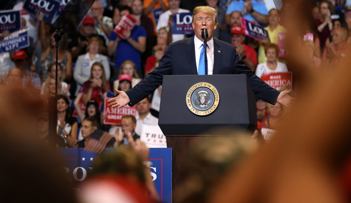 President Donald Trump speaks on August 2, 2018, at the Mohegan Sun Arena at Casey Plaza in Wilkes Barre, Pennsylvania.