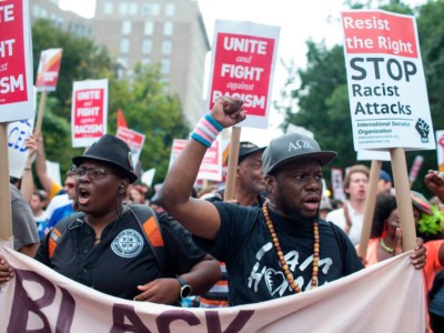 Antifa and counter protestors to a far-right rally march during the Unite the Right 2 Rally in Washington, DC, on August 12, 2018.