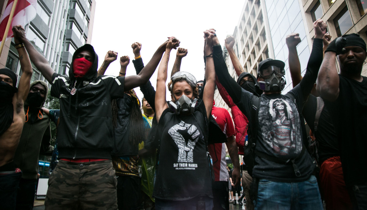 Particpants at the Rally and March Against the Fascists in Washington, DS, on August 12, 2018.