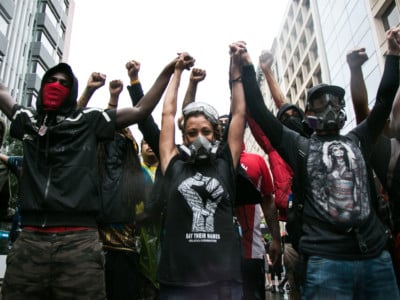 Particpants at the Rally and March Against the Fascists in Washington, DS, on August 12, 2018.