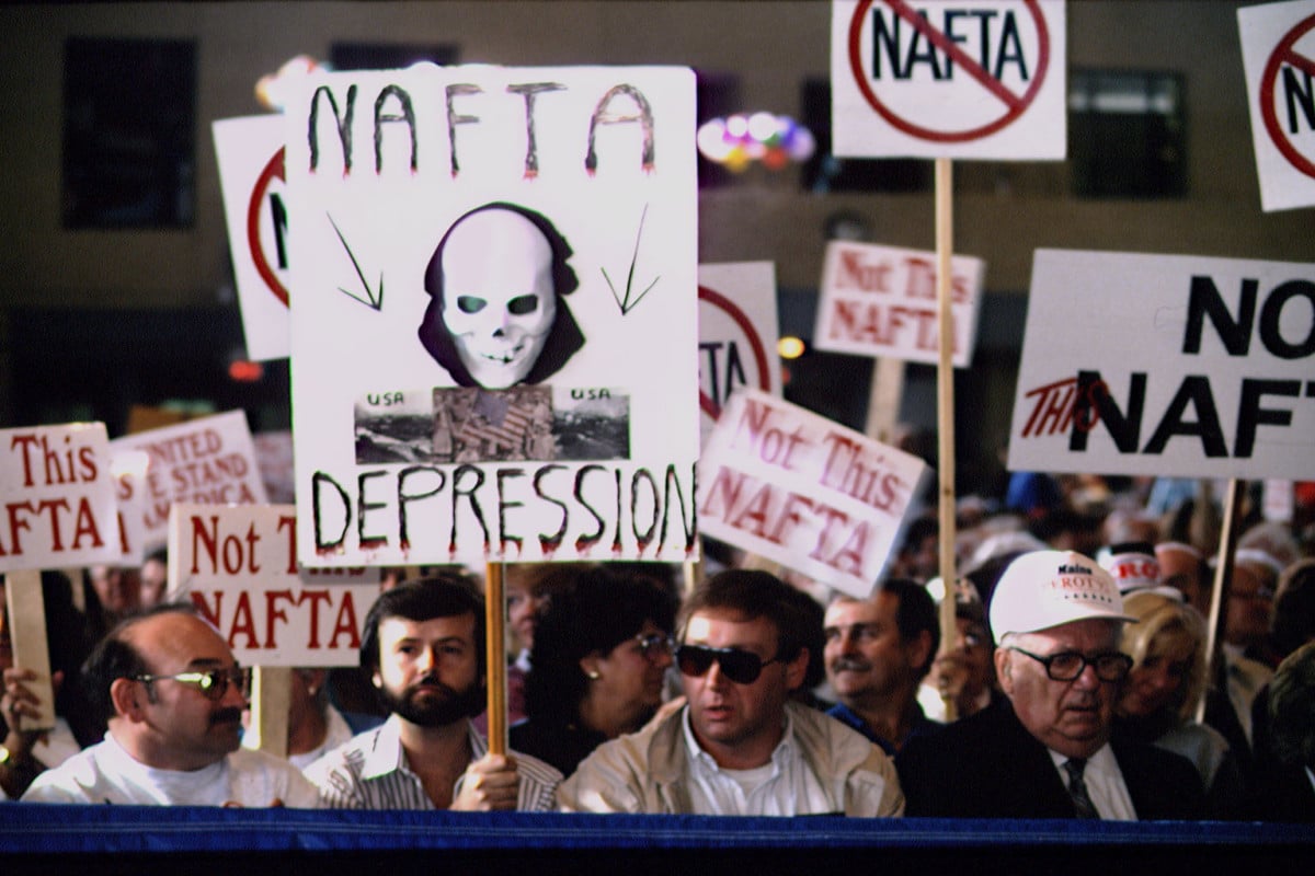 Demonstrators in New Hampshire protest the impending creation of NAFTA in 1993. In the current moment, leftists are struggling simultaneously to oppose the neoliberal trade deal and Trump's nationalist alternatives to it.