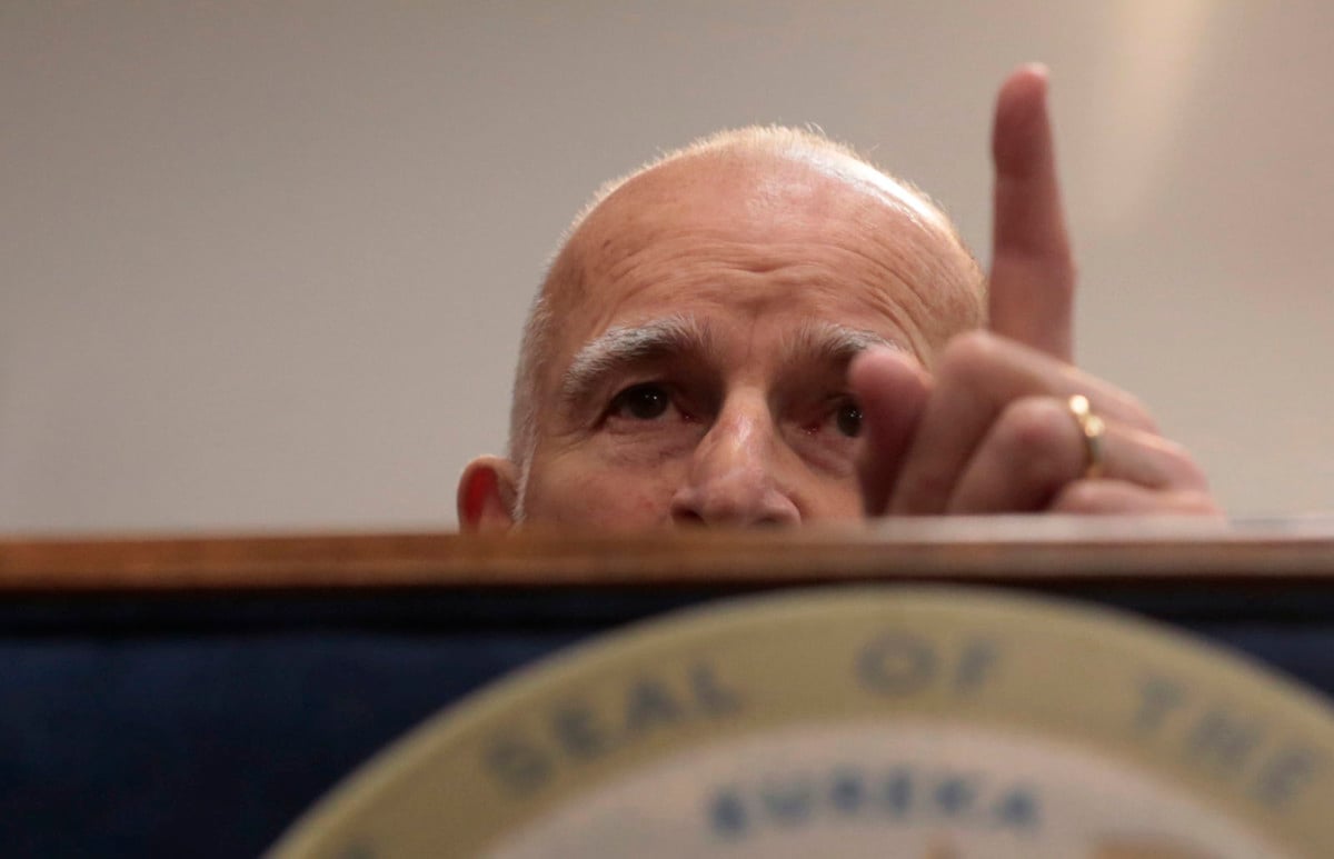 California Gov. Jerry Brown conducts a press conference declaring the state's prison emergency over at his Los Angeles office in January, 2013.