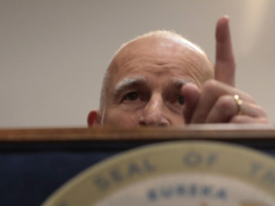 California Gov. Jerry Brown conducts a press conference declaring the state's prison emergency over at his Los Angeles office in January, 2013.