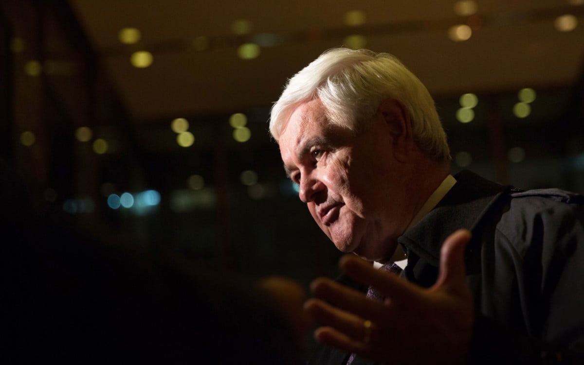 Former US Rep. Newt Gingrich addresses the press following his visit with President-elect Donald Trump at Trump Tower on November 21, 2016, in New York City. Gingrich is listed on the invite for ALEC's 45th Gala.