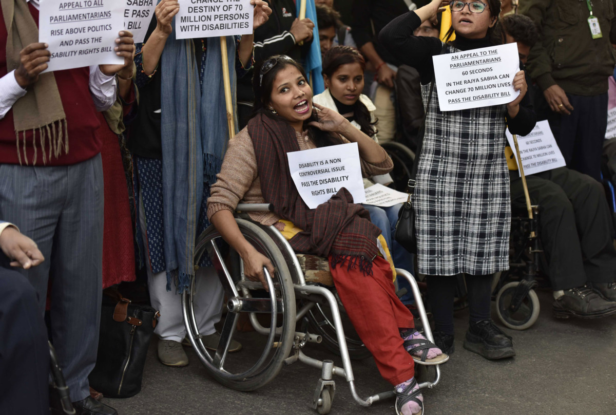 People with disabilities rally in solidarity to pass the Rights of Persons with Disabilities Bill 2014 at Jantar Mantar on December 13, 2016, in New Delhi, India.