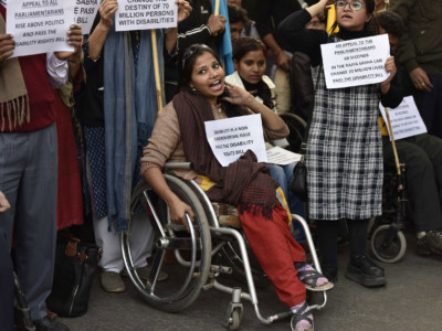 People with disabilities rally in solidarity to pass the Rights of Persons with Disabilities Bill 2014 at Jantar Mantar on December 13, 2016, in New Delhi, India.