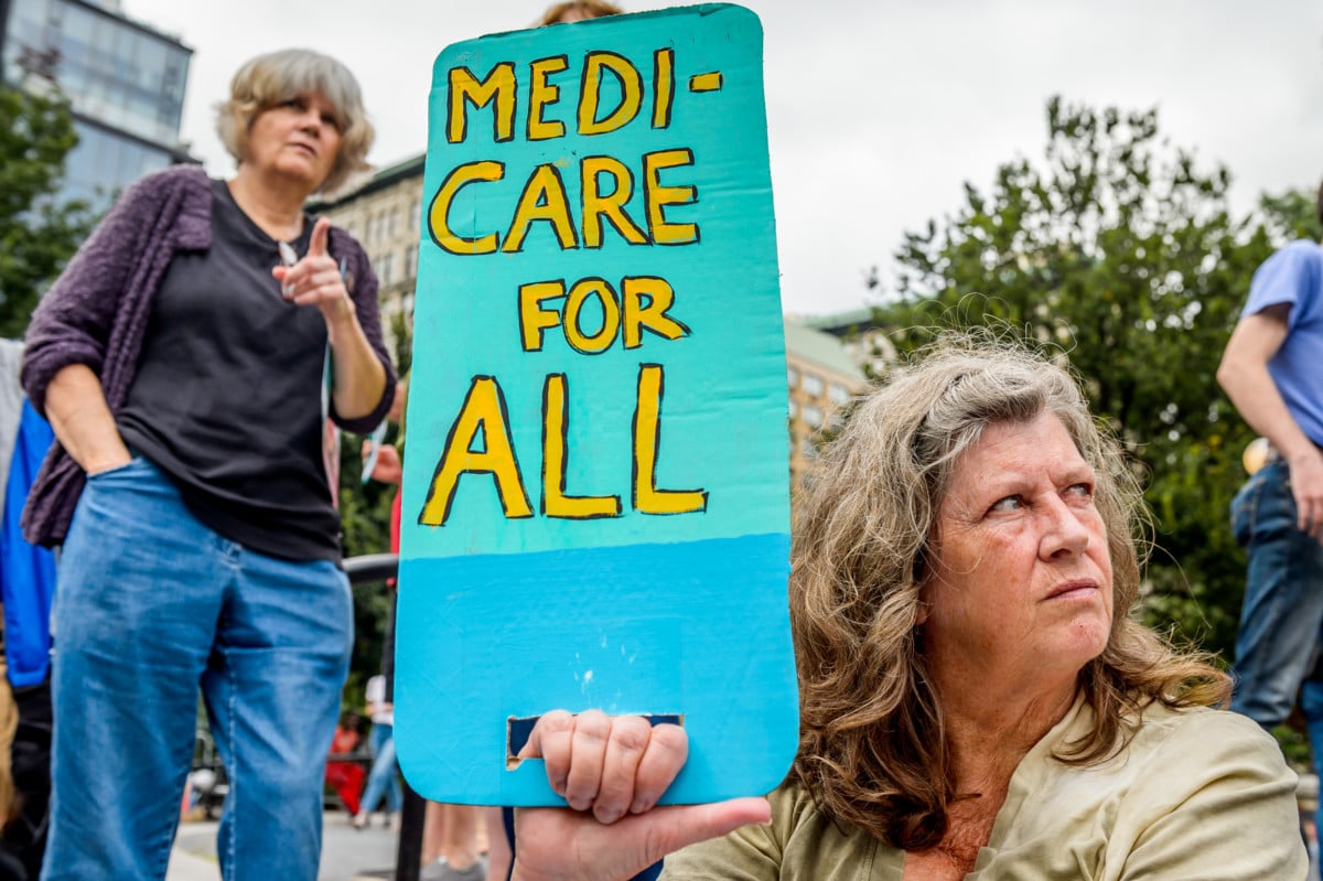 Hundreds of New Yorkers joined a grassroots alliance of health care advocates in a rally on the steps of Union Square to demand a universal, single-payer, improved and expanded Medicare health care system, and an end to for-profit health care on July 24, 2017.