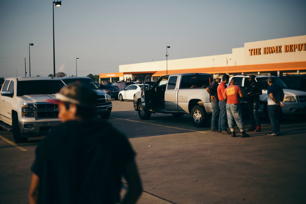 Day laborers try to get work at the Home Depot South West Houston on September 2, 2017.