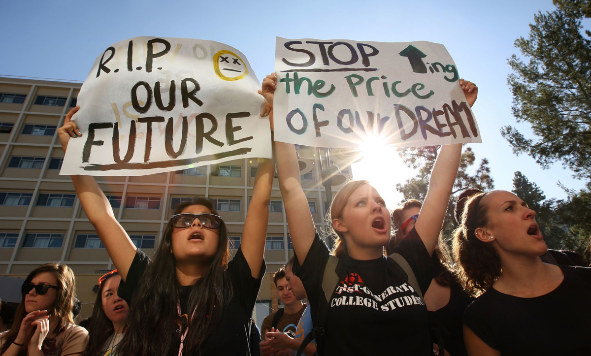 The student debt crisis has put millions in financial peril at the hands of bad-faith lenders, sparking protests like this 2009 demonstration by University of California students in Los Angeles.