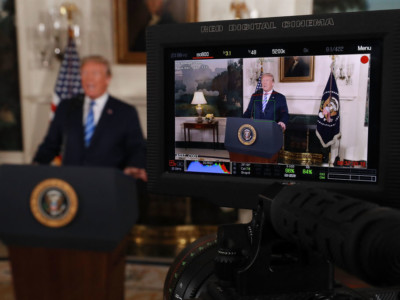 President Donald Trump announces his decision to withdraw the United States from the 2015 Iran nuclear deal in the Diplomatic Room at the White House May 8, 2018, in Washington, DC.
