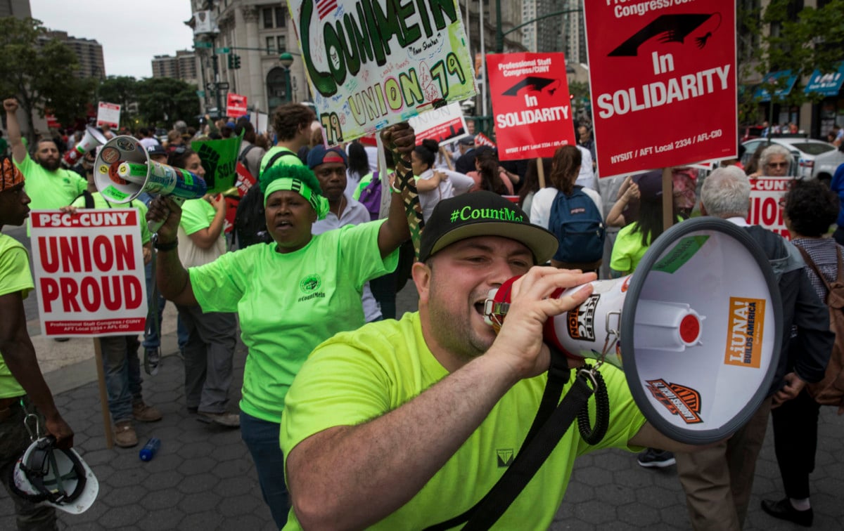 Union activists and supporters rally against the Supreme Court's ruling in the Janus v. AFSCME case, in Foley Square in Lower Manhattan, June 27, 2018, in New York City.