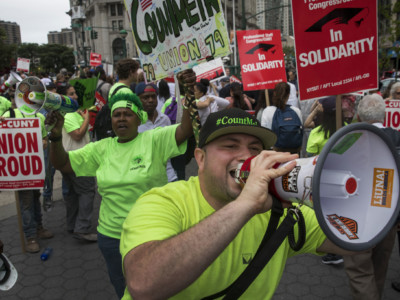 Union activists and supporters rally against the Supreme Court's ruling in the Janus v. AFSCME case, in Foley Square in Lower Manhattan, June 27, 2018, in New York City.