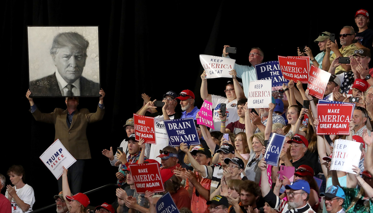 Trump supporters rally on July 5, 2018, in Great Falls, Montana. Trump's unexpected political success has led two powerful think tanks to discuss repositioning themselves in response to the rapid growth of both right-wing and left-wing populism on both sides of the Atlantic.