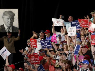 Trump supporters rally on July 5, 2018, in Great Falls, Montana. Trump's unexpected political success has led two powerful think tanks to discuss repositioning themselves in response to the rapid growth of both right-wing and left-wing populism on both sides of the Atlantic.