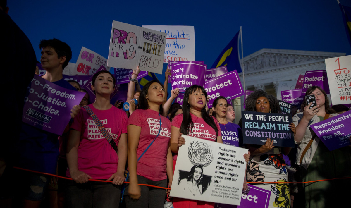 Pro-choice protesters demonstrate in front of the US Supreme Court on July 9, 2018, in Washington, DC.