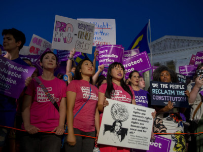 Pro-choice protesters demonstrate in front of the US Supreme Court on July 9, 2018, in Washington, DC.