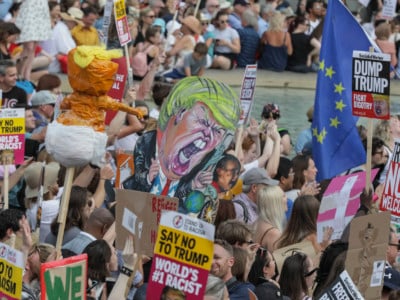 Demonstrators are seen during a demonstration against the visit to the UK by US President Donald Trump on July 13, 2018, in London, England.