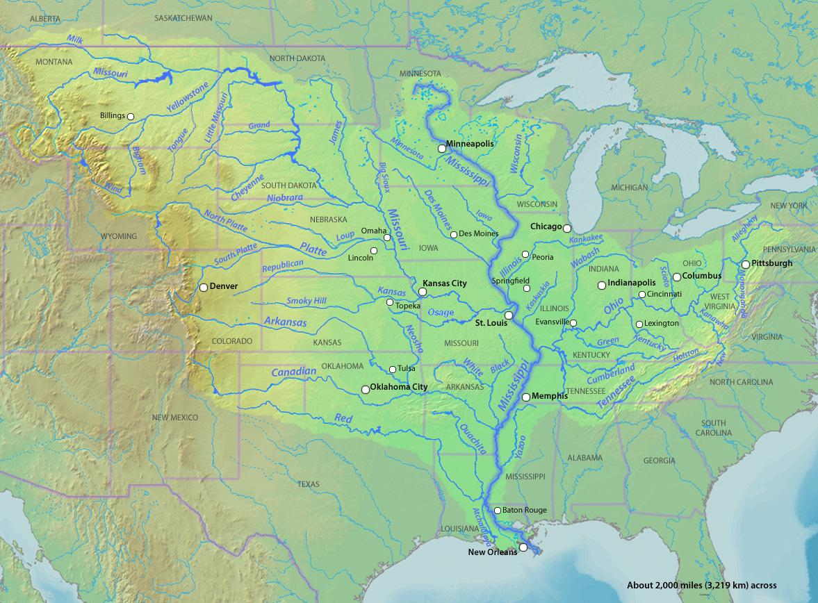 The Mississippi-Atchafalaya River Basin drains approximately 41 percent of the contiguous United States that includes all or part of 31 states and two Canadian provinces. Map scale is approximately 2,000 miles across. 