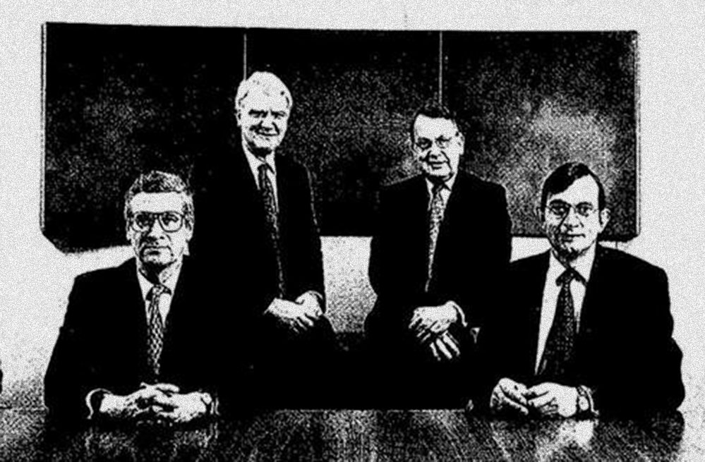 A black and white picture of the Shell Group's managing directors published in The Shell Transport and Trading Company's 1997 annual report.