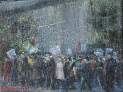 "Demonstration for Palestine" by Elaine Mokhtefi; oil on canvas, 2012.