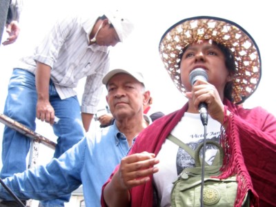 Berta Cáceres addresses thousands of protesters in the Honduran capital following the 2009 coup d'état.